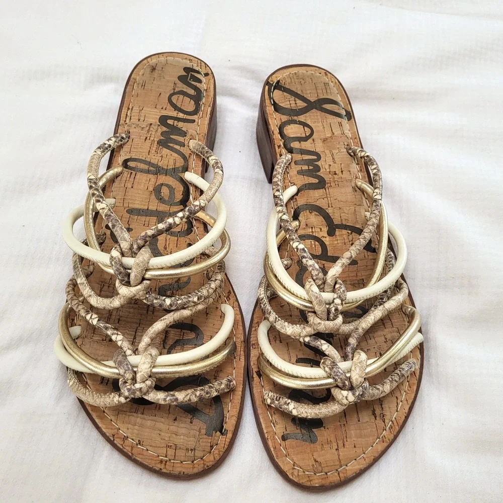 Sam Edelman Jazzie Snakeskin Metallic Gold Multi Strap Cork Slide Sandals 7.5M - Picture 4 of 9